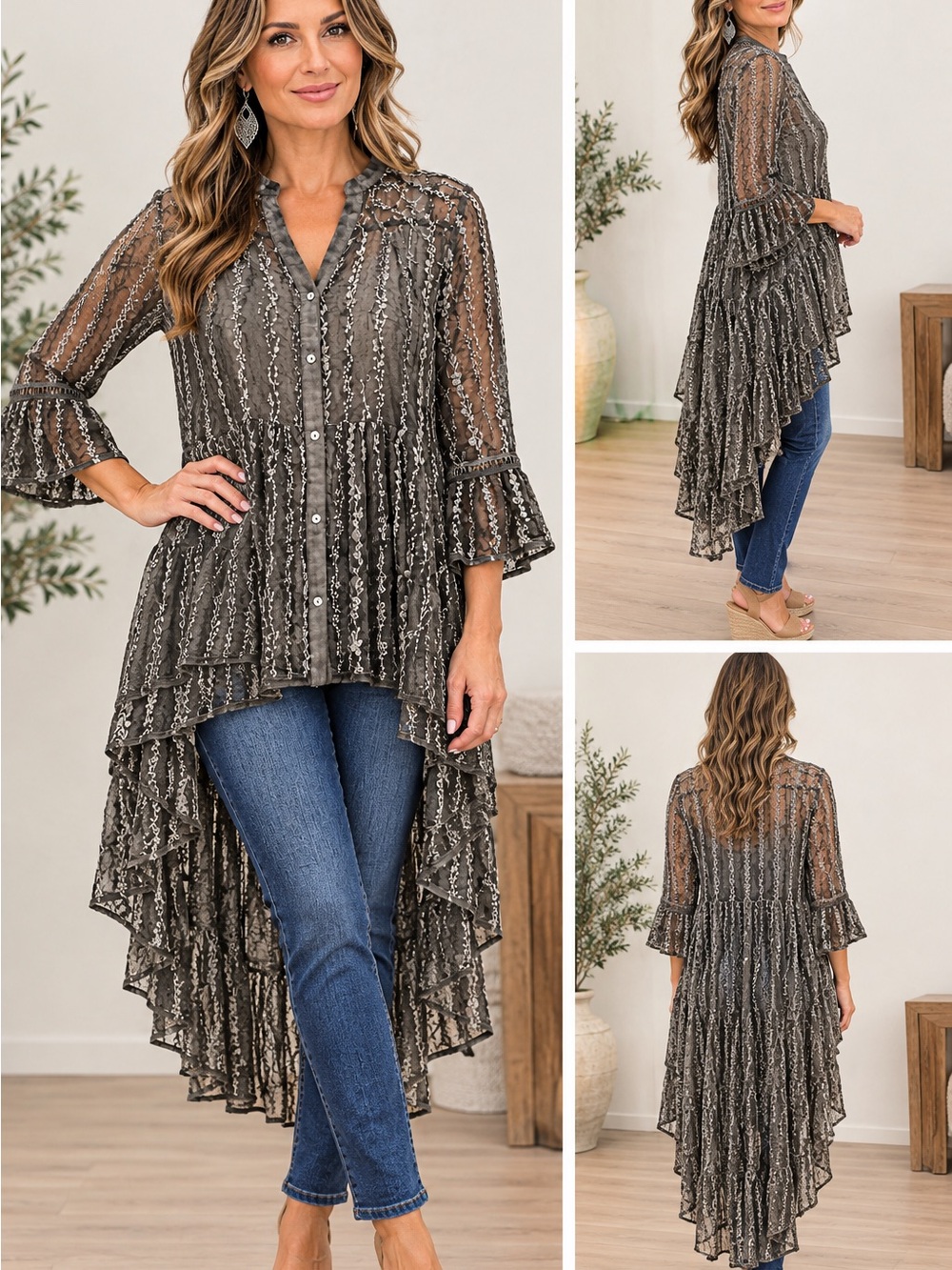NWT Jaded Gypsy Floral Lace High-Low Button-Front Tunic - Gray